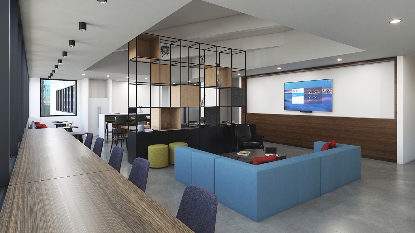 studio solutions office design color 3d renderings collaboration area alt angle 3