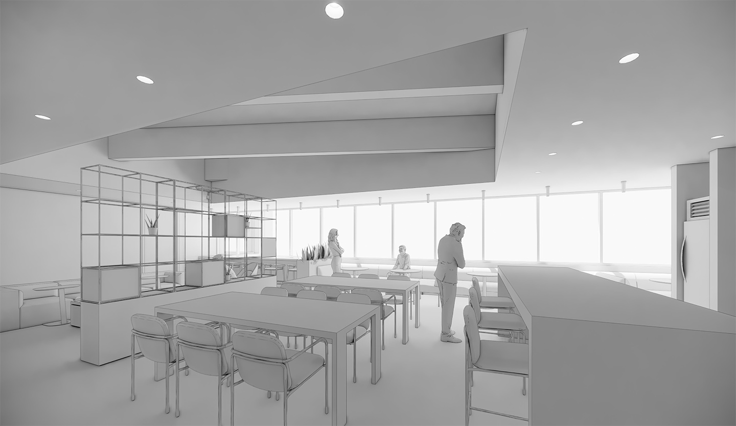 studio solutions office design dining break area 3d black and white illustration dining/break area alternate angle