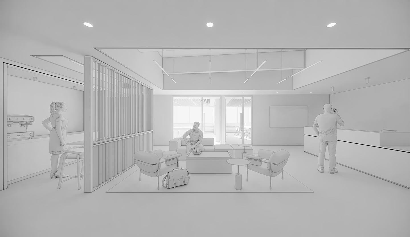 studio solutions office design lounge area 3d black and white illustration