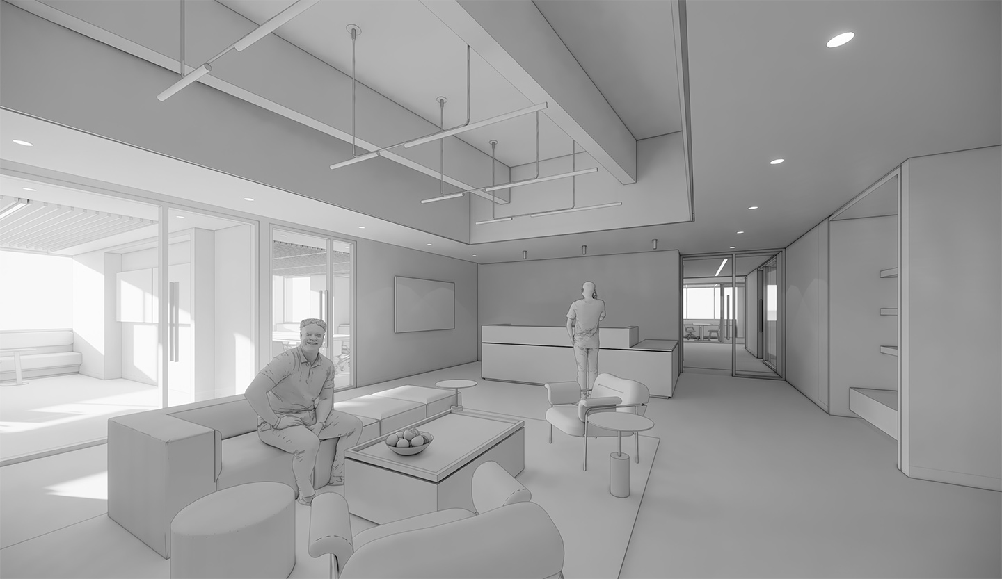 studio solutions office design lounge area 3d black and white illustration second angle